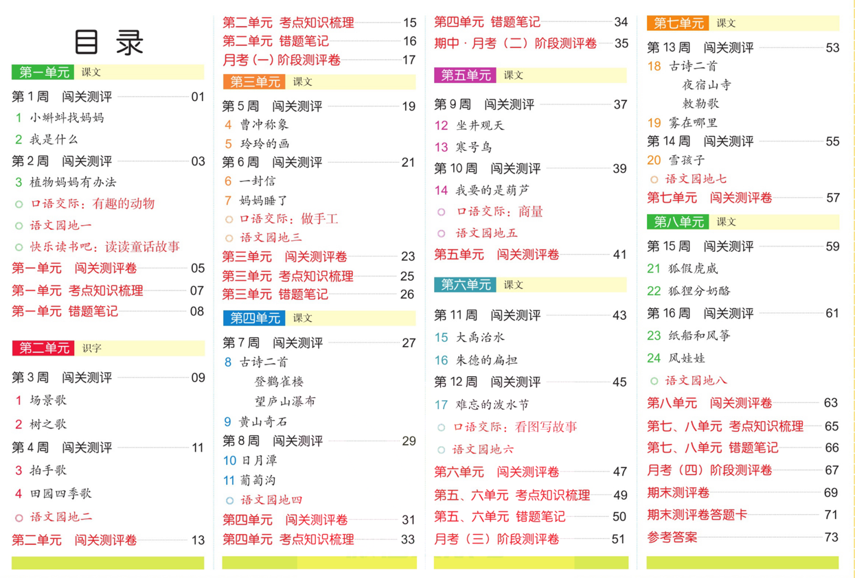 二年级上册语文部编版试卷，彩色版