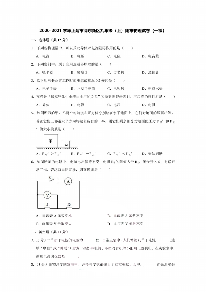  上海市浦东新区九年级上学期期末物理试卷